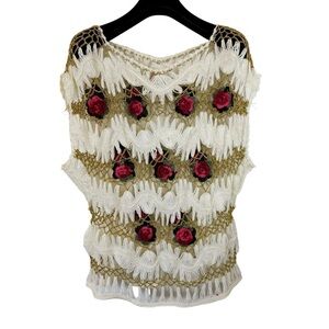 NWT! VINTAGE 60's DK FASHION Women's Crochet Floral Blouse Gold Detailing MISSY